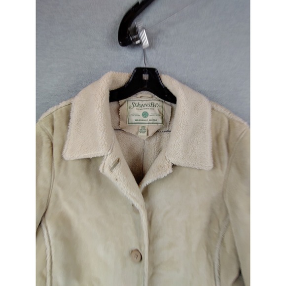 St Johns Bay Womens Jacket Large Beige Leather Suede Sherpa Lined Soft Washable - Picture 2 of 15